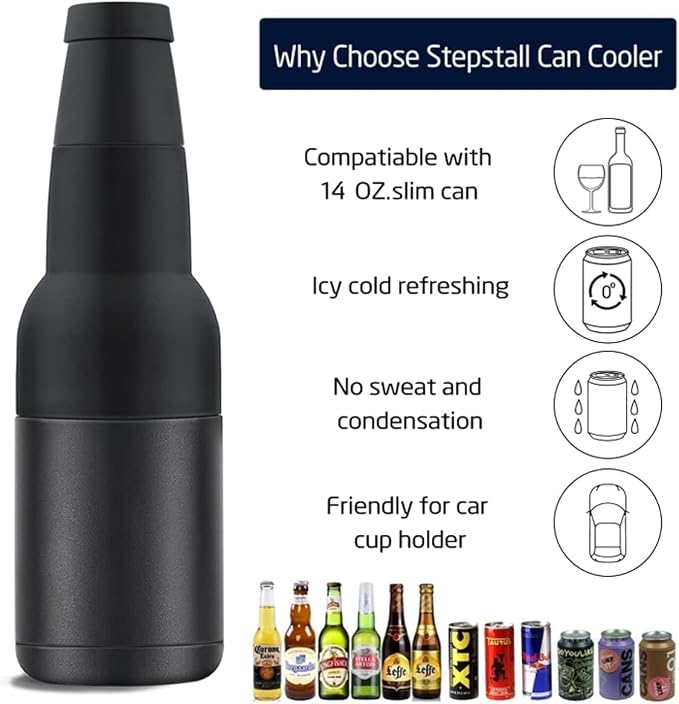 Stepstall 14 oz. Beer Bottle and Can Cooler with Beer Opener,3 in 1 Can Cooler, Slim Can Beer Bottle Insulators Holder, Double Walled Stainless Steel Insulated Can Cooler for Beer,Soda