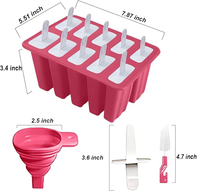 Silicone Popsicle Molds 10 Pcs Ice Pop Maker Molds with 10 Reusable Sticks, Cleaning Brush and Funnel - Homemade Easy-Release Reusable Popsicle Moulds Shapes (Red)