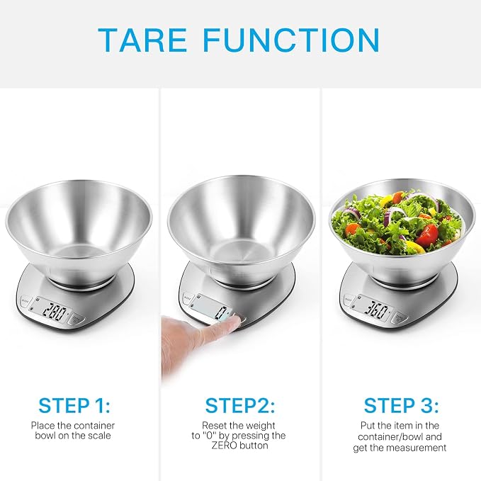 BAGAIL Digital Kitchen Food Scale with Stainless Steel Bowl, 11lb/5kg | 7 Weight Units, Large Clear Display, Gram Scale, For Baking & Cooking, Wet and Dry Ingredients, Batteries Included