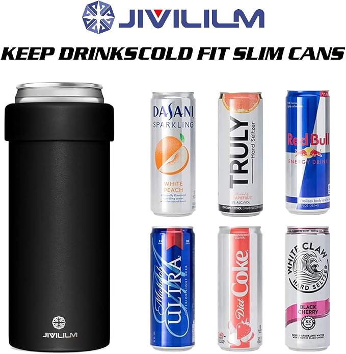 12 oz. Slim Can Cooler Insulated (Black) | Stainless Steel 12oz. Skinny Drink Holder for Soda, Hard Seltzer, Beer and Energy Drinks