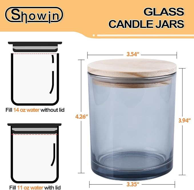 14 OZ Thick Candle Jars for Making Candles 12 Pcs, 3 Wick Empty Jars with Wood Lids for Candle Making, Sample Container,Clear Grey