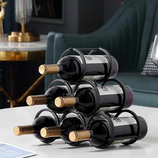 GeLive Small Tabletop Wine Rack 6 Bottles Triangle Freestanding Countertop Wine Bottle Holder Cabinet Pantry Wine Storage Stand Bottle Organizer for Coffee Bar Kitchen, Frosted Iron, Black