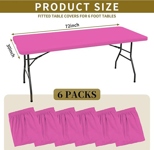 6 Pack Fitted Tablecloth for 6 Foot Rectangle Tables, Hot Pink Elastic Outdoor Picnic Table Cover, Washable Stretch Folding Table Cloths 6 ft for Camping Party Patio Kitchen Banquet, 30" W x 72" L