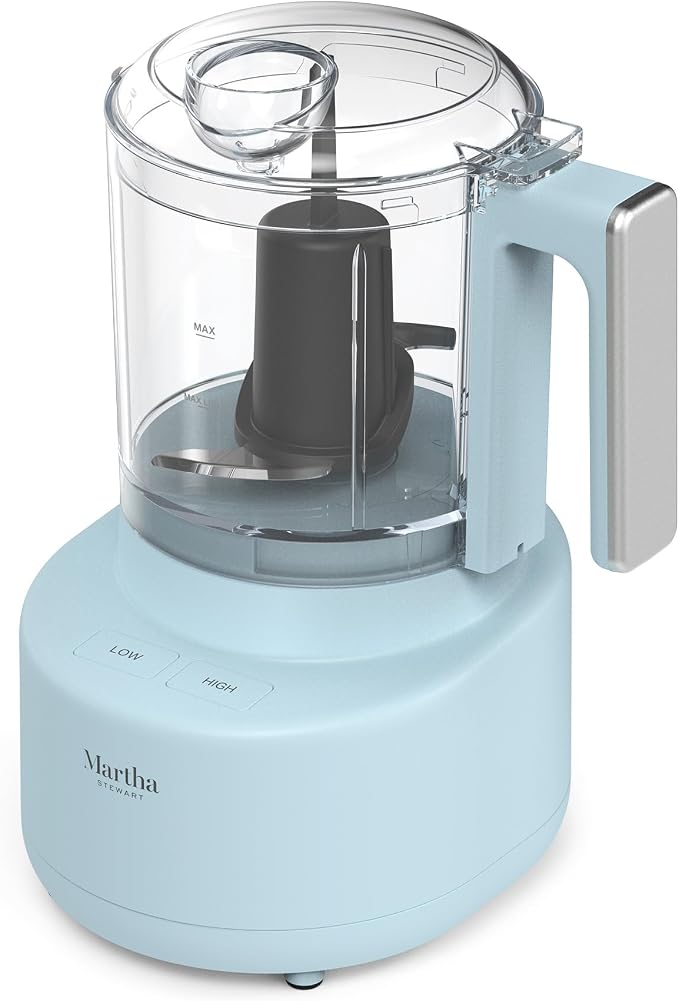 Martha Stewart 3 Cup Electric Vegetable Chopper & Mini Food Processor, Blue | 24oz BPA-Free Bowl, Stainless Steel Blades, Pour Spout, Dice, Puree, Mince, Chop Vegetables & Herbs, Dishwasher-Safe Parts