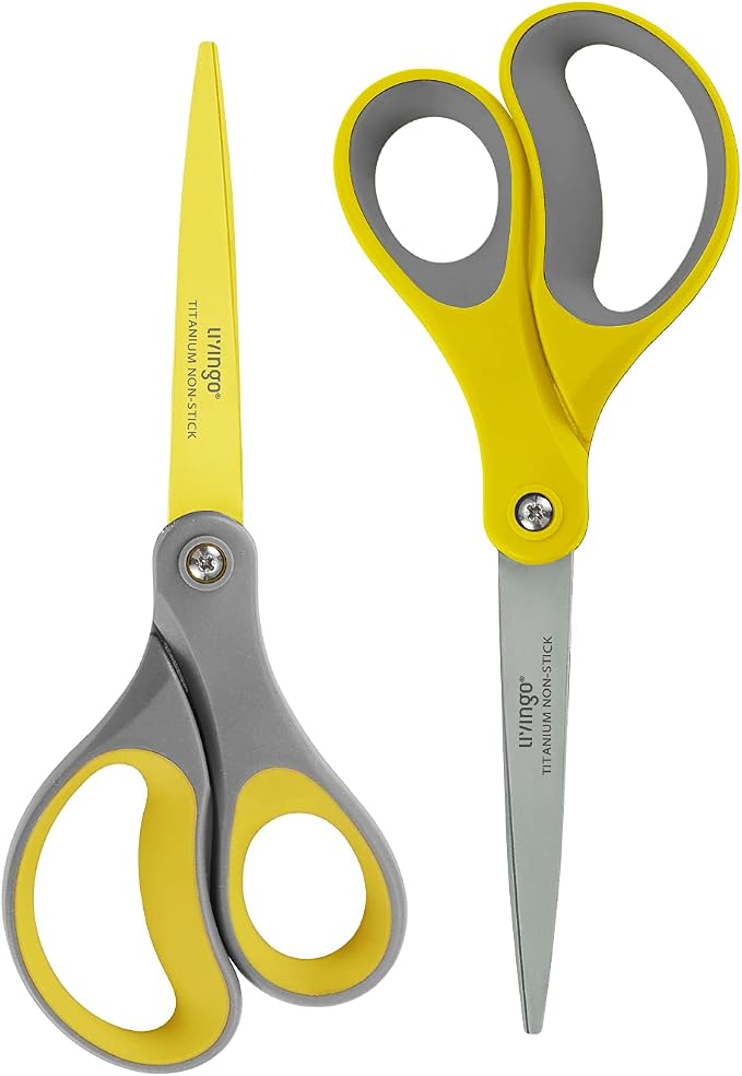 LIVINGO Scissors All Purpose 8" Titanium Non Stick Shears 2 Pack | Durable Stainless Steel Blade, Comfortable Grip, Fabric Sewing Paper Craft Cutting, School Home Office Use
