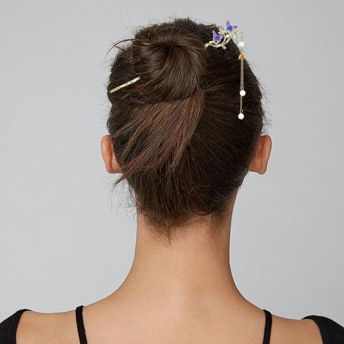 6PCS Butterfly Flower Hair Sticks for Buns Long Hair Chinese Hanfu Asian Vintage Floral Hairpins Hair Chopsticks with Pearl Tassel for Women Girls