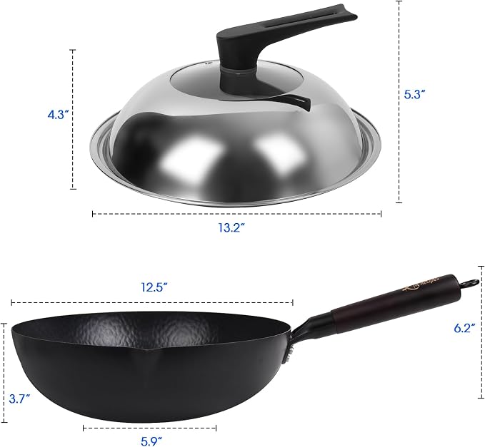 Souped Up Recipes 12.5 Inch Carbon Steel Wok For Electric, Induction and Gas Stoves (Lid, Spatula and User Guide Video Included)