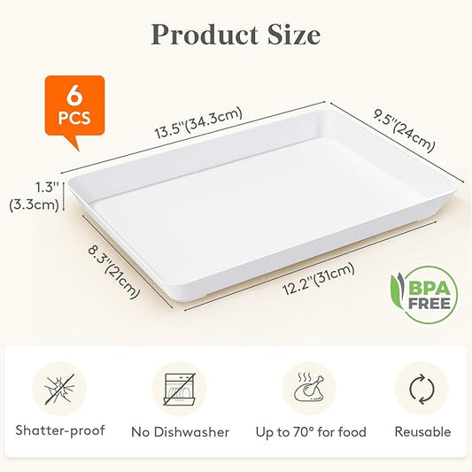 Lifewit Plastic Serving Tray for Party Supplies, White Trays for Serving Food, Reusable Large Platter for Buffet, Fruit, Dessert, Snack, Veggie, Kitchen and Outdoor Use, Rectangle, 14" x 10", 6 Pcs