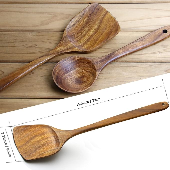 Wooden Spatula,15.3 Inch Flat Wood Wok Spatula,Wood Kitchen Utensils for Cooking,Long Handle Turner Coated Natural Resin, Handmade Kitchenware for Nonstick Pan Cookware