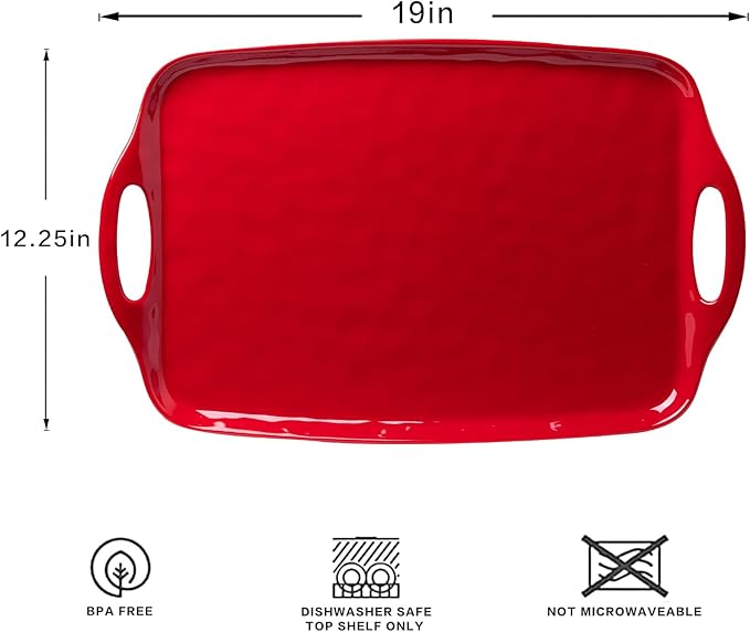 LEHAHA Large Christmas Melamine Serving Tray with Handles, Rectangular Serving Platter, Set of 2, 19''x12'' Turkey/Barbecue/Food/Grilling Prep and ServeTray. Bright White and Christmas Red
