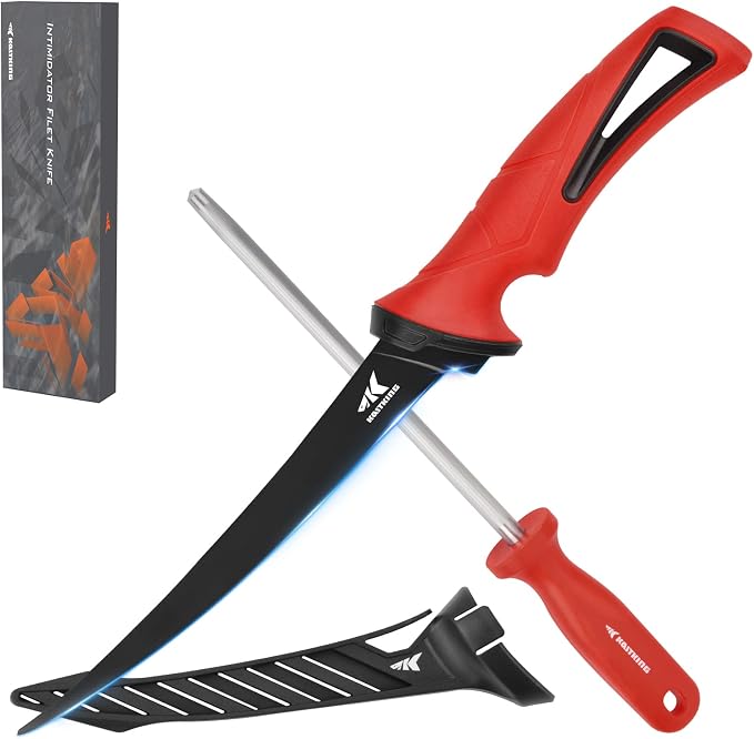 KastKing Intimidator 7'' Fillet Knife and Honing Rod, Fishing Gear for Men | Ultra-Sharp G4116 German Stainless-Steel Blades, Non-Slip Handle, Corrosion-Resistant, Protective Sheath, Fishing Knife