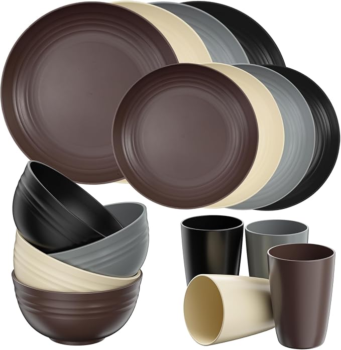 Quatish 16 Piece Plates and Bowls Sets for 4, Unbreakable Dinnerware Sets, Plastic Dish Set for Camping, Dishwasher Microwave Safe, Outdoor Kitchen and Apartment Dorm Dinning RV Essentials, Brown