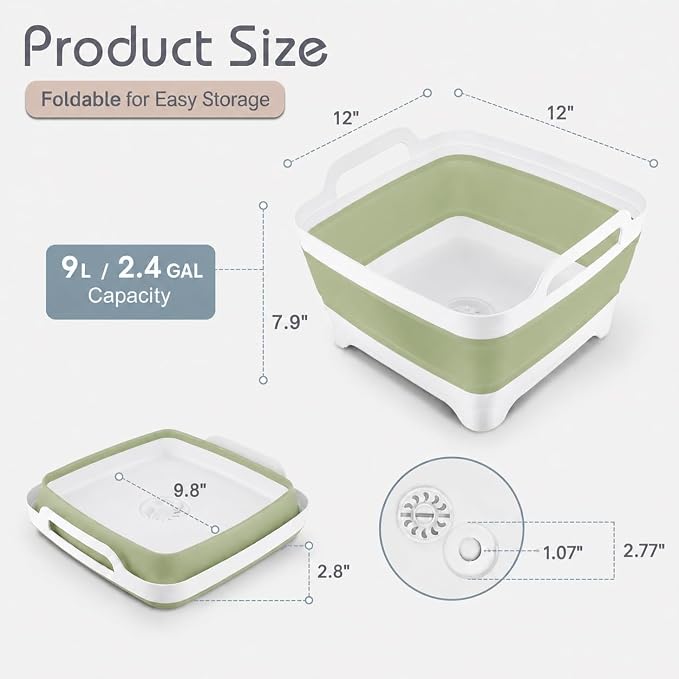 2.4 Gal(9L) Collapsible Dish Basin with Drain Plug, Space Saving Outdoor Multiuse Foldable Sink Tub, Dishpan, Kitchen Storage Tray for Camping, Vegetable Washing, RV (Green)