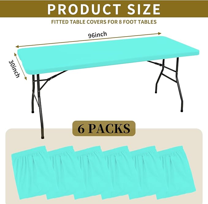6 Pack Fitted Tablecloth for 8 Foot Rectangle Tables, Aqua Blue Elastic Outdoor Picnic Table Cover, Washable Stretch Folding Table Cloths 8 ft for Camping Party Patio Kitchen Banquet, 30" W x 96" L