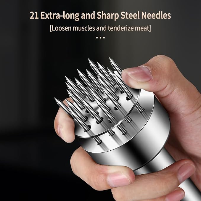 Stainless Steel Meat Tenderizer Tool, 21 Sharp Needles, Chicken Meat Tenderizer, Tenderizing Steak, Beef, Chicken, Pork, Barbecue, Marinating Prep Tool, with free cleaning brush