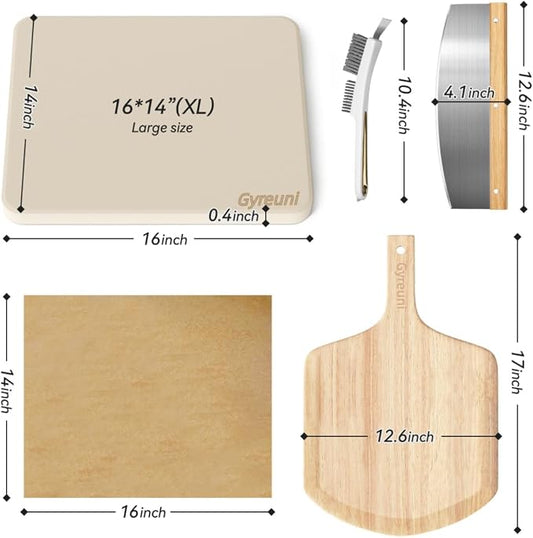 5 PCS Rectangle Pizza Stone Set, 16"Large Pizza Stone for Oven and Grill with Pizza Peel(OAK), Stone Brush,Pizza Cutter & 10pcs Cooking Paper for Free, Baking Stone for Pizza, Bread,BBQ