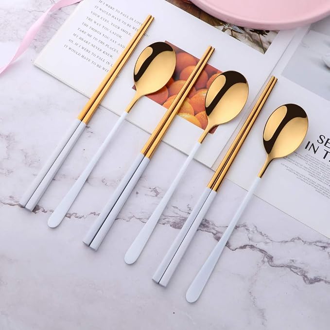 TEHAHA Reusable Korean Chopstick and Spoon Set,4 Sets Long Handle Stainless Steel Spoon and Chopsticks Set, 8 Pieces Metal Chopsticks Dishwasher Safe,White Gold.