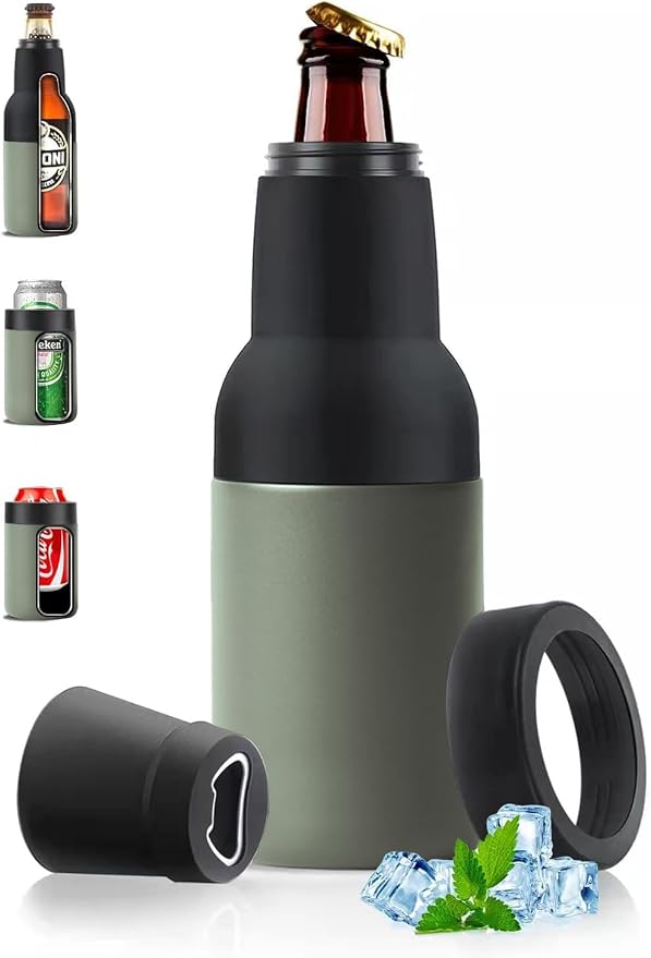 Stepstall Beer Gifts for Men - Beer Bottle & Can Cooler with Opener, 12 oz. Slim Can & Bottle Insulator, Vacuum Insulated Double Walled Stainless Steel (Green)