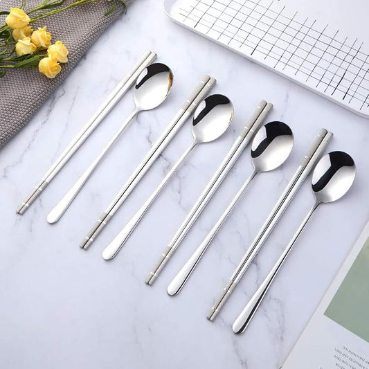 Buyer Star 4 Set Silver Square Chopsticks and Spoon Set Metal Stainless Steel Spoon Chopsticks Set