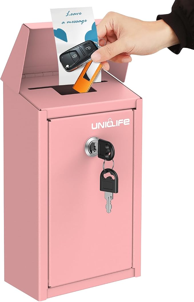 Uniclife Pink Metal Donation Box, Wall Mounted Mailbox for Outside | Safe Suggestion Box with Key Lock, Steel Key Drop Box for Outside, Cash Box for Home Office and Business