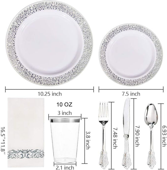 bUCLA 350PCS Silver Plastic Dinnerware Set - Silver Plates Disposable Lace Design for 50 Guests Include 100 Plates,50 Forks,50 Knives,50 Spoons,50Cups,50 Napkins,Ideal for Party,Wedding&Christmas