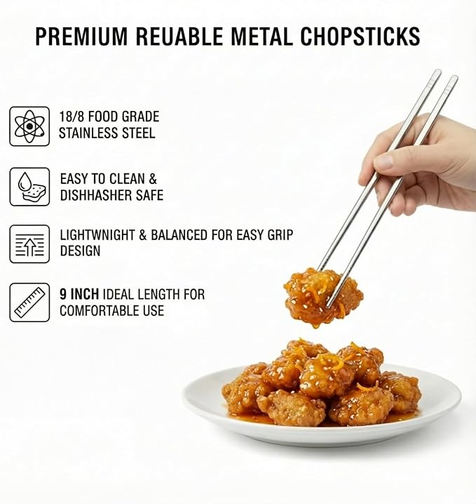 Stainless Steel Chopsticks 5 Pairs, 9 Inch Reusable Metal Chop Sticks, Lightweight Hollow Design, Square Anti-Roll & Non-Slip Tips, Dishwasher Safe Food Grade 18/8