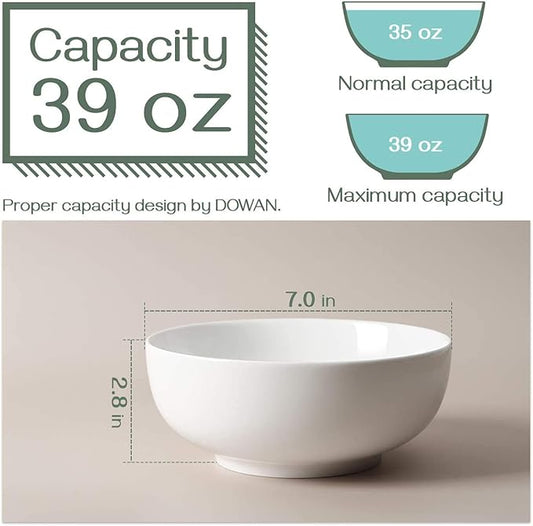 DOWAN Soup Bowls, Ramen Bowl for Noodle, 39 Ounce large Cereal Bowls for Kitchen, 7 Inches Centerpiece Bowls, Microwave and Dishwasher Safe, White