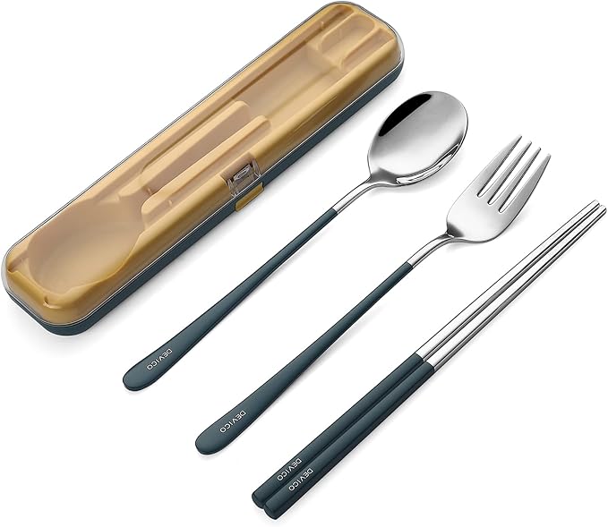 DEVICO Travel Utensils with Case, 18/8 Stainless Steel Silverware for Lunch | 4Pcs Portable Reusable Travel Cutlery Set, Korean Chopsticks Fork and Spoon Set for Camping/Picnic/Work/Gadgets/School, Blue