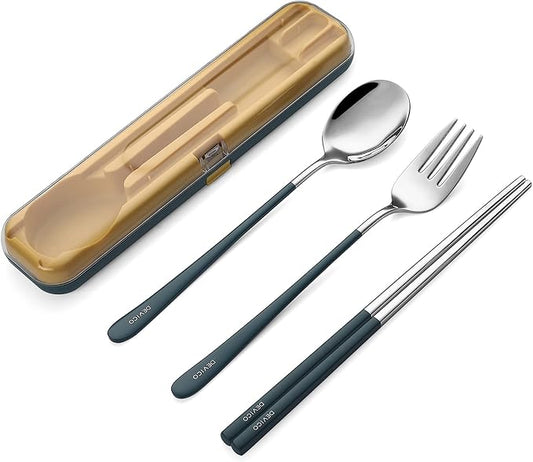 DEVICO Travel Utensils with Case, 18/8 Stainless Steel Silverware for Lunch | 4Pcs Portable Reusable Travel Cutlery Set, Korean Chopsticks Fork and Spoon Set for Camping/Picnic/Work/Gadgets/School, Blue