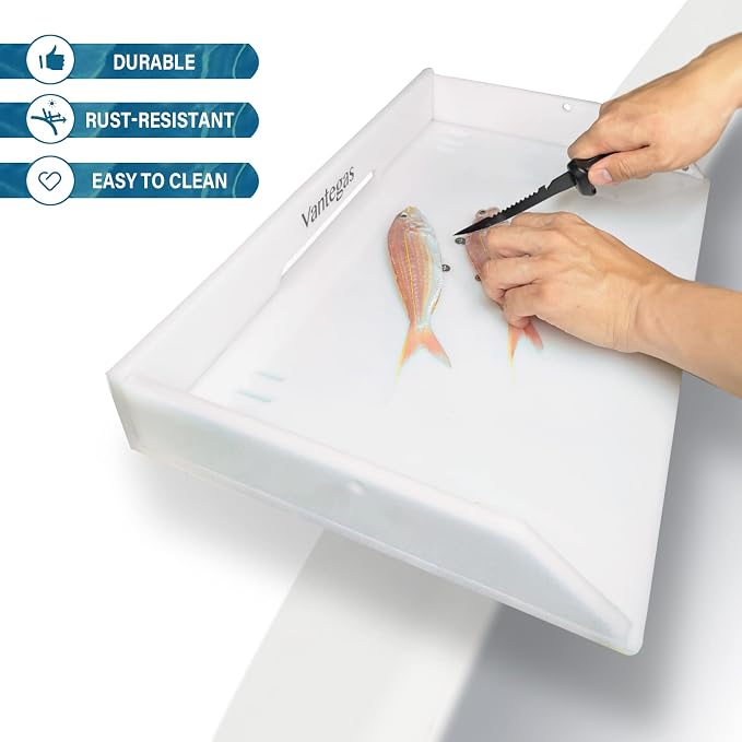 Boat Cutting Board Bait Table Filet Board For Fish Cleaning Station White Fishing Fillet Table, In Single Rod Holder With Plier Storage and Knife Slot, Marine Accessories For Boats Grill