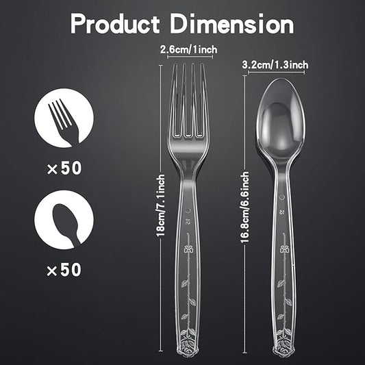 100 Count Plastic Silverware Heavy Duty 50Forks50Spoons | Shatterproof BPA-Free Disposable Cutlery Heat Resistant Disposable Plastic Utensils for Catering & Events, Party Supplies
