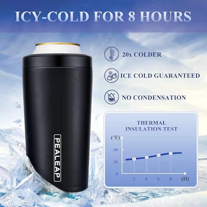 Pealeap 4-in-1 Insulated Slim Can Cooler for All 12oz Cans & Beer Bottles | Double-walled Stainless Steel Vacuum Can Cozy | Keep 8Hrs Cold | Universal Fits 12oz Drinks | No Sweat | Cup Holder Friendly
