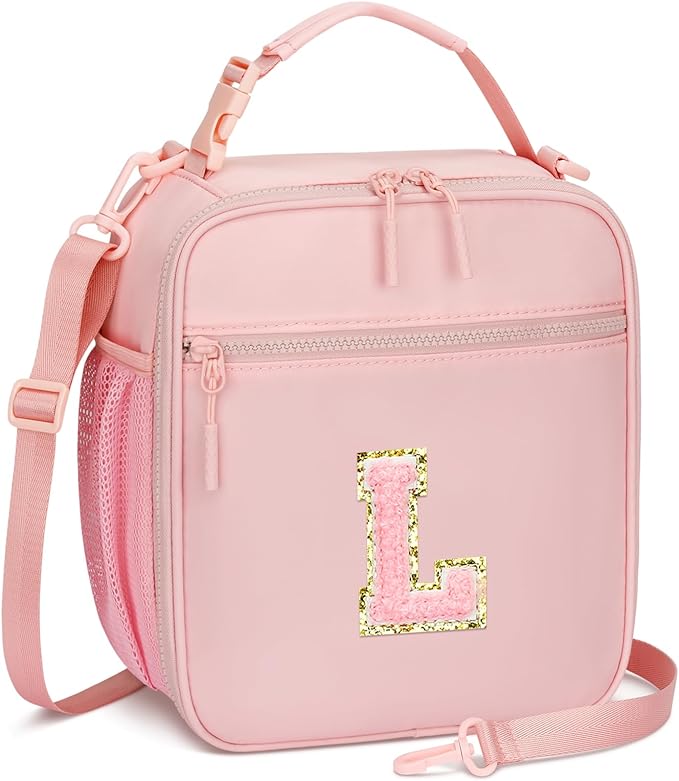 Initial Insulated Lunch Bag for Girls Kids, Back to School Gift, Reusable Leak-proof Lunch Box with Adjustable Strap for School Daycare Travel Picnic (Pink,L)