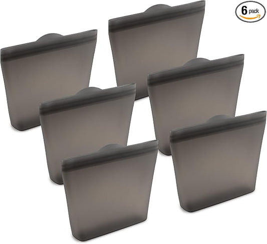 Home Logic Reusable Sandwich Bags - Set of 6 Alloy Grey Silicone Freezer Bags, Airtight Leak Resistant Reusable Zip Bags for Kitchen Home Food Prep, Microwave & Sous Vide Safe