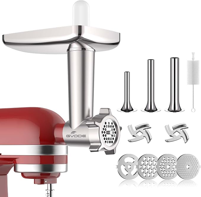 GVODE Metal Meat Grinder Attachment for KitchenAid Stand Mixer,Food Grinder | Meat Grinder for Kitchen Aid Includes 4 Grinding Plates, 3 Sausage Stuffer Tubes, 2 Grinding Blades