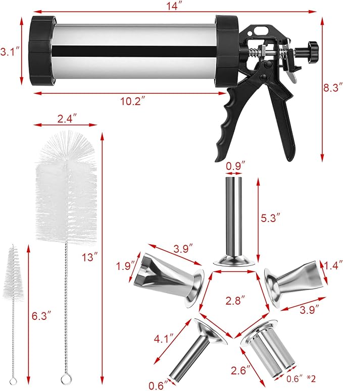 Jerky Gun for Ground Meat, 5 Stainless Nozzles, 1.5LBS | 2 Cleaning Brushes, Jerky Making Kit, Beef Jerky Gun Kits, Stainless Steel Sausage Stuffer Jerky Making Gun