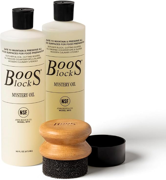 John Boos 3-Piece Care Set, 2-Pack 16 oz Mystery Oil & Round Beechwood Applicator - All-Natural Maintenance Formula for Butcher Blocks, Wooden Countertops & Wood Utensils