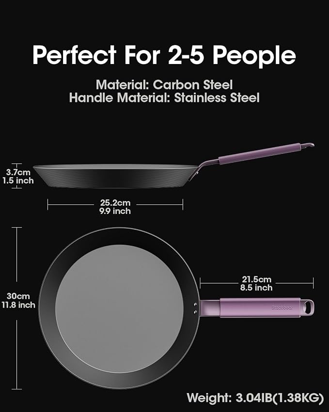 12 IN Carbon Steel Frying Pan, Pre-Seasoned Nitrided Preseasoned Skillet | Natural Patina Development with No Chemical Coating; Spacious Cooking Surface for Family Meals & Searing