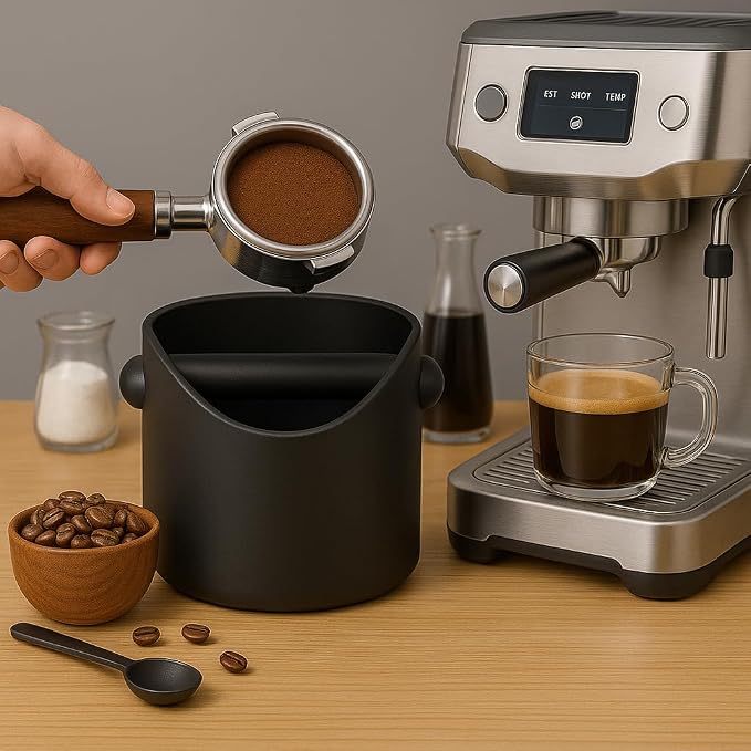 Coffee Knock Box, 4.6 in, Barista Style Espresso Grounds Knock Box, Removable Plastic Knock Rod, Non-Slip Base, Espresso Maker Accessory (Caramel)