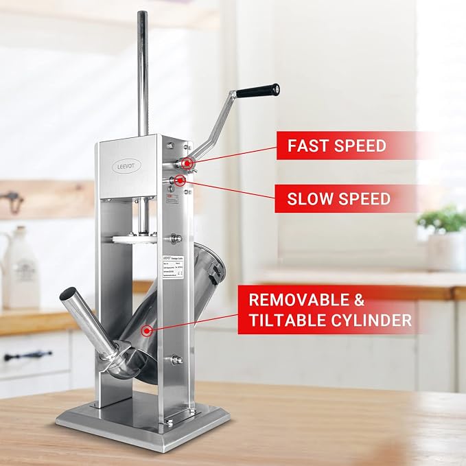 11LBS/5L Manual Sausage Stuffer, Professional Stainless Steel Sausages Maker & Filler Kit with 2 Speed, 5 Stuffing Tubes, Vertical Meat Stuffers for Home Kitchen, Commercial Use