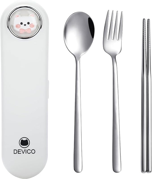 DEVICO Travel Utensils with Case Cute, Reusable Silverware for Lunch, 4Pcs Portable Cutlery Set, 18/8 Stainless Steel Fork Spoon Chopsticks in Cartoon Case, Dishwasher Safe (White)