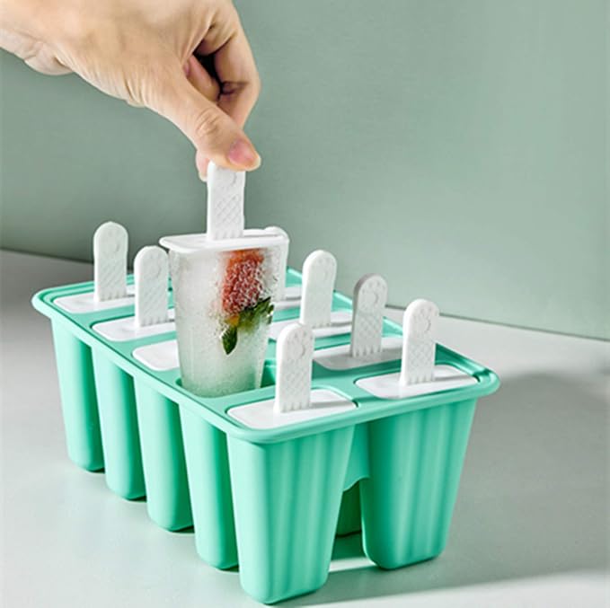 Popsicle Molds 10 Pieces Silicone Ice Pop Molds Popsicle Mold Reusable Easy Release Ice Pop Maker(10 Cavities-Green)