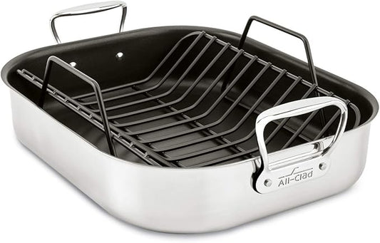 All-Clad Specialty Stainless Steel Large Roaster with Nonstick Rack 13x16 Inch Oven Broiler Safe 500F Roaster Pan, Pots and Pans, Cookware Silver