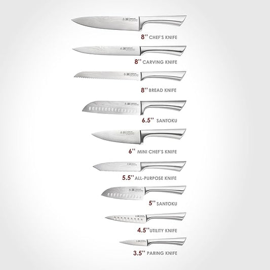 Cuisine::pro Damashiro Knife Block (Hiryu, 10-Piece Set) - Premium Japanese Steel Knife Set with Acacia Wood Block & Tempered Glass Window - Damascus-Inspired Blade