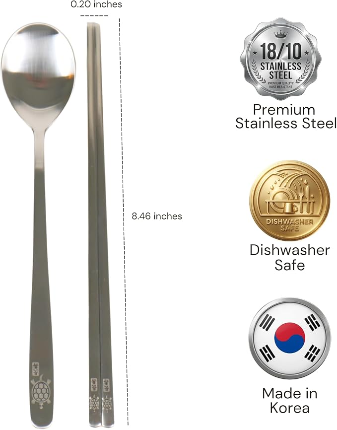 ONGI Korean Spoon and Chopsticks Set, Flat Korean Chopsticks, Premium 18/10 Stainless Steel, Turtle Symbol Design, Made in Korea, Dishwasher Safe, Meaningful Korean Gift (TT Silver 2 Set)