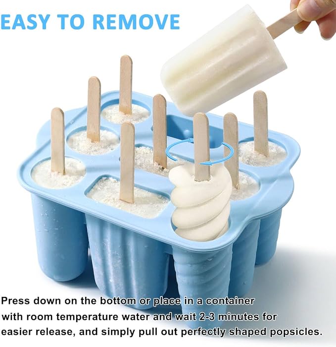9 Cavity Popsicles Molds with 50pcs Wooden Sticks, Silicone Popsicle Mold, BPA Free Popsicle Maker Molds, Reusable Homemade Ice Pop Mold, Easy-Release Ice Cream Mold for Kids Adult DIY Ice Pops（Blue）