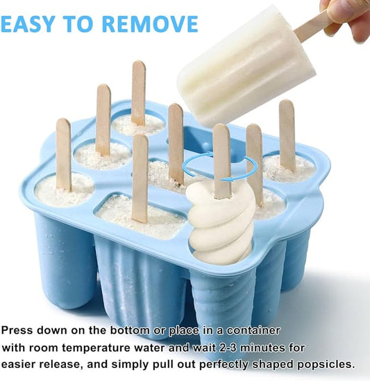 9 Cavity Popsicles Molds with 50pcs Wooden Sticks, Silicone Popsicle Mold, BPA Free Popsicle Maker Molds, Reusable Homemade Ice Pop Mold, Easy-Release Ice Cream Mold for Kids Adult DIY Ice Pops（Blue）