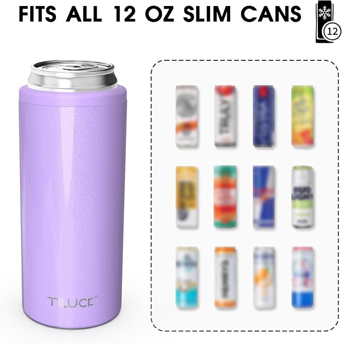 TILUCK Skinny Can Cooler, Stainless Steel Insulated Slim Cans, 12 oz | Beer & Hard Seltzer, Doucle-Walled Stainless Steel Insulated Slim Cans, Slim 12 oz(Lavender)