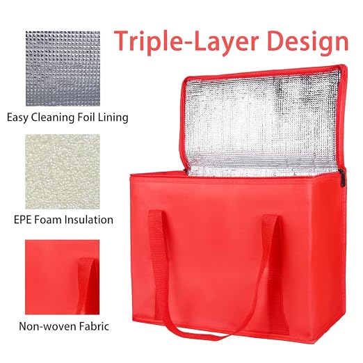 Bodaon 2-Pack Insulated Reusable Grocery Bag with Secure Top, X-Large Insulated Food/Pizza Delivery Bag, Frozen Foods Cold, Cooler Shopping Bags, Red
