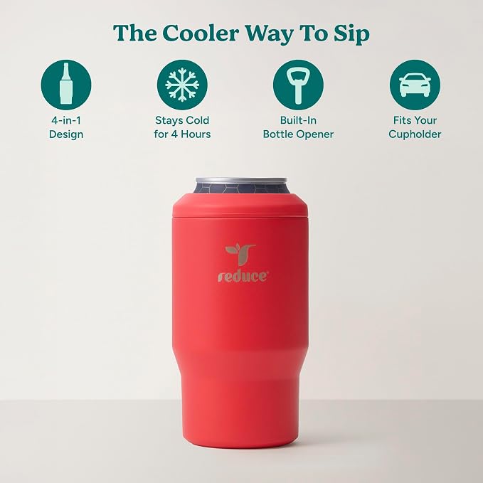 Reduce 4-in-1 Drink Cooler - Versatile Can & Bottle Holder with Vacuum Insulation - Keeps Drinks Cold Up to 4 Hours - Includes Bottle Opener - Fits Cupholders & Dishwasher Safe - 14oz - Rally Red